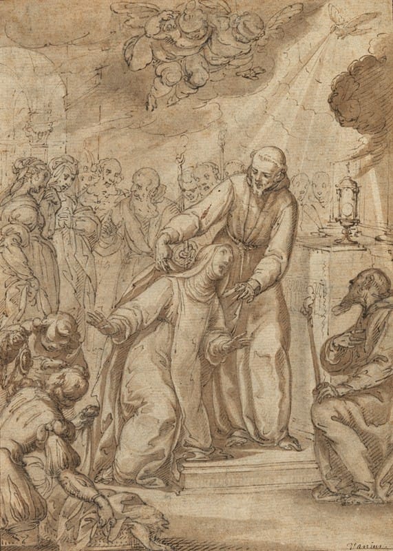 Giovanni Domenico Cappellino - Saint Clare of Assisi, having taken her vows, is welcomed at the altar by Saint Francis, surrounded by other figures
