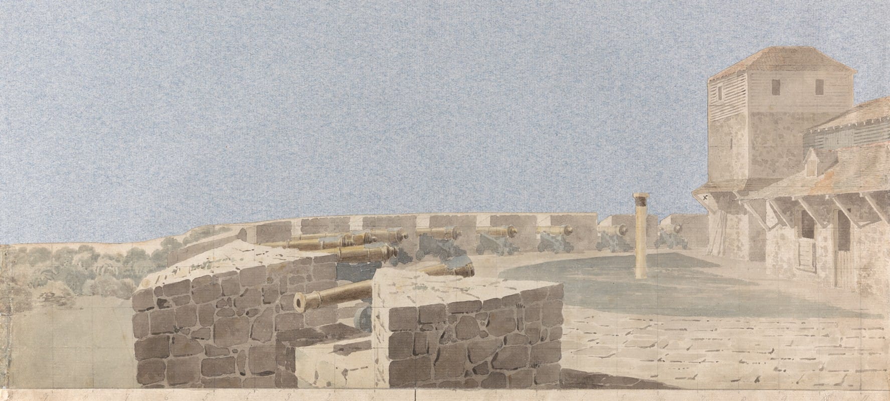 Michael Angelo Rooker - Study for a Stage Set; a Fortress with Cannon and Buildings