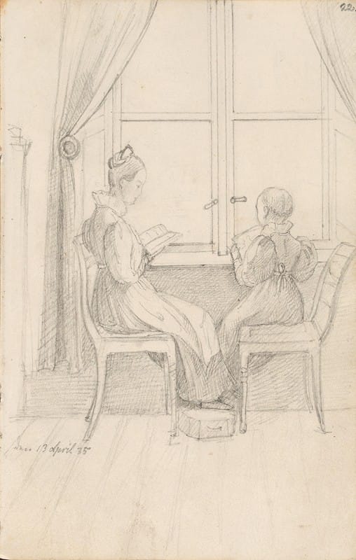 Adolph Tidemand - Lesende kvinne og barn ved et vindu