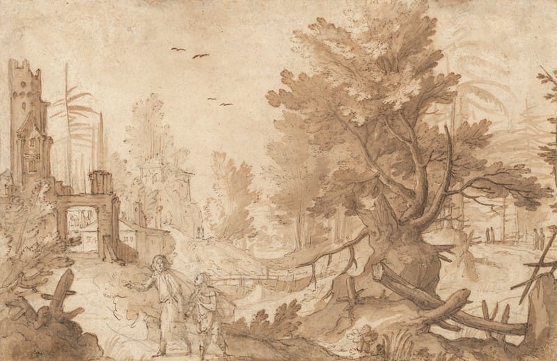 Remigio Cantagallina - A forest landscape with buildings and Tobias and the angel