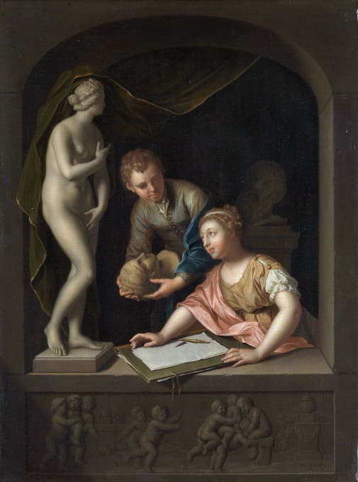 一个女孩和一个男孩在维纳斯雕像旁画画