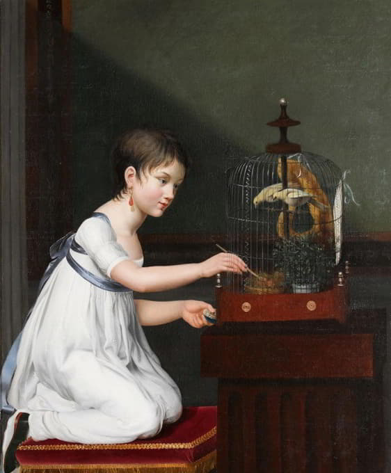 一个穿着白色连衣裙，系着绿色腰带的年轻女孩跪在鸟笼旁照顾她的鸟