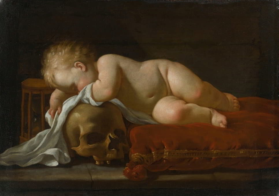 瓦尼塔斯的一幕，一个熟睡的孩子躺在红色天鹅绒垫子上，一个鸡蛋计时器和一个头骨