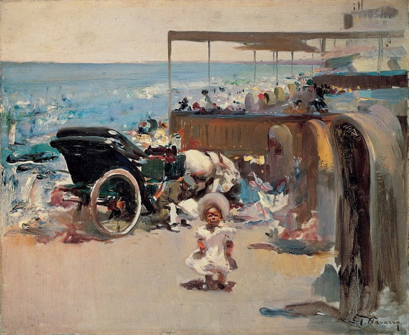 José Navarro y Llorens - Horse-drawn Carriage and Child on the Beach