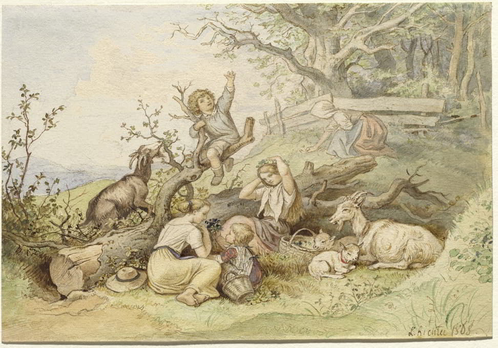 孩子们和山羊在一棵被砍倒的树旁休息