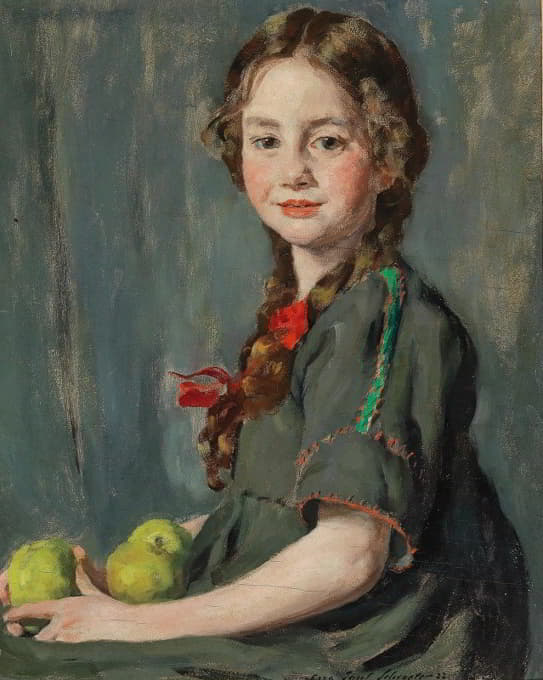 一个拿着苹果的女孩的肖像