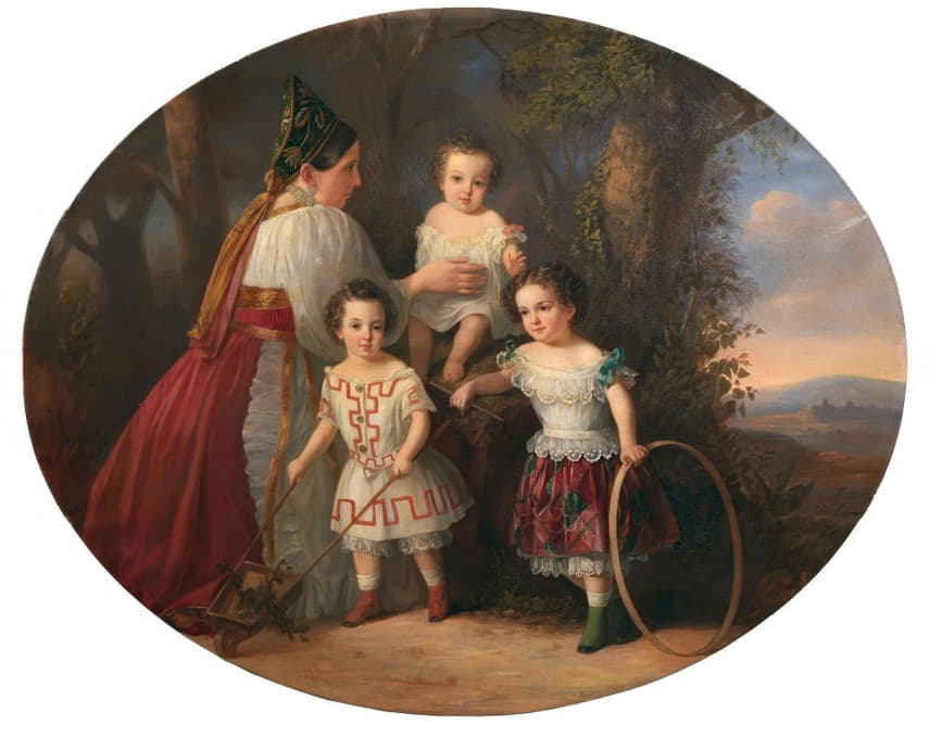 Russian School - Children with their nanny in a Russian costume, with a vast landscape in the background