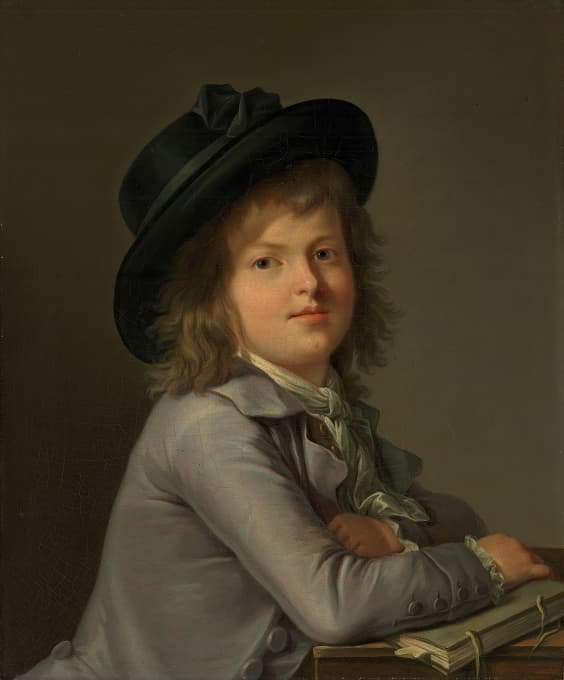 一个男孩的肖像，戴着黑帽子，倚在一个公文包上