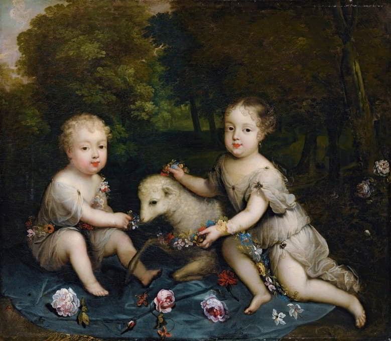 Circle of Henri Gascar - Portrait of Two Children With a Lamb