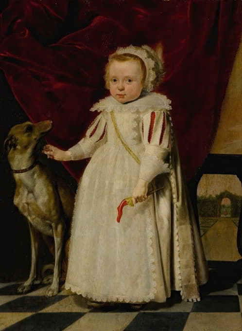 风景画中一个小男孩和一条狗的肖像