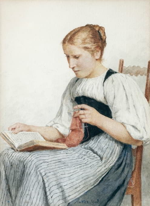 Albert Anker - Knitting Girl Reading