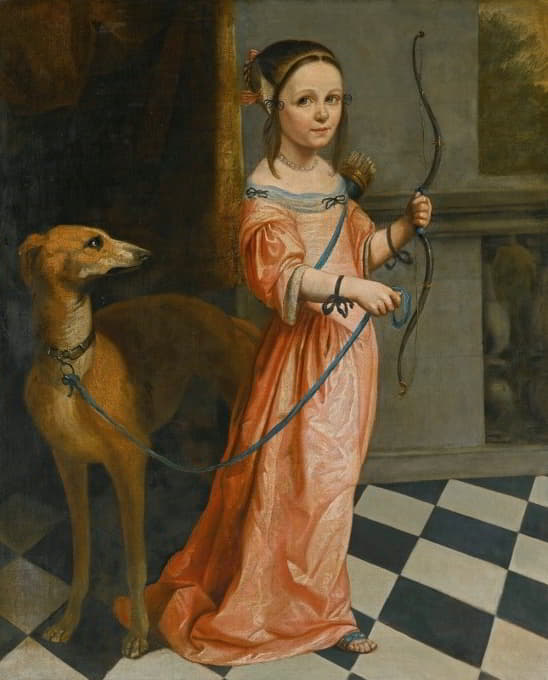 一个女孩的肖像，全身，穿着粉红色的裙子，带着蝴蝶结和猎犬