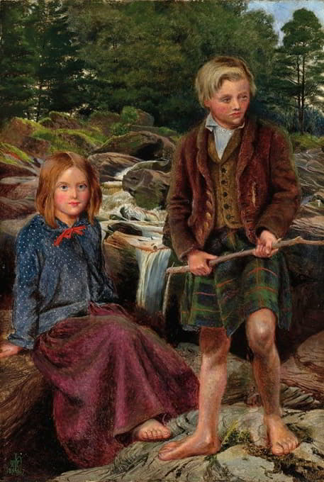 苏格兰小溪边的两个高地孩子