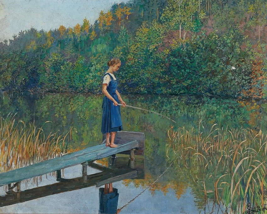 一个女孩在码头上钓鱼