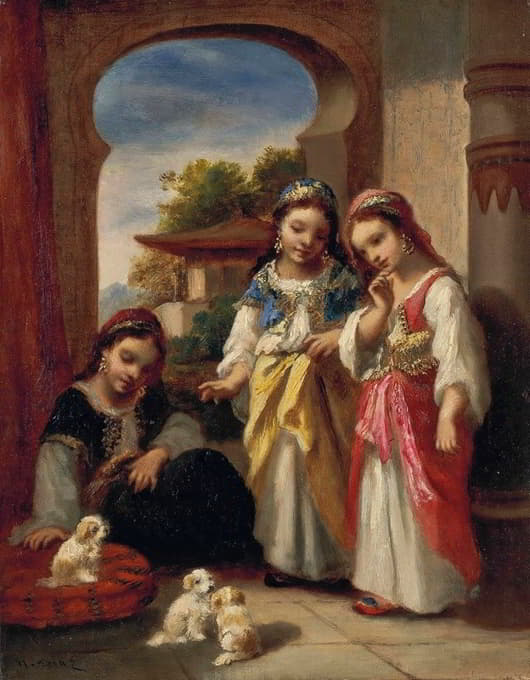 土耳其的三个女孩和三只小狗