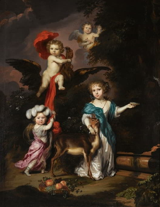 四个孩子的田园式家庭肖像，是神话人物的化身，包括加尼梅德和狄安娜和一只鹿