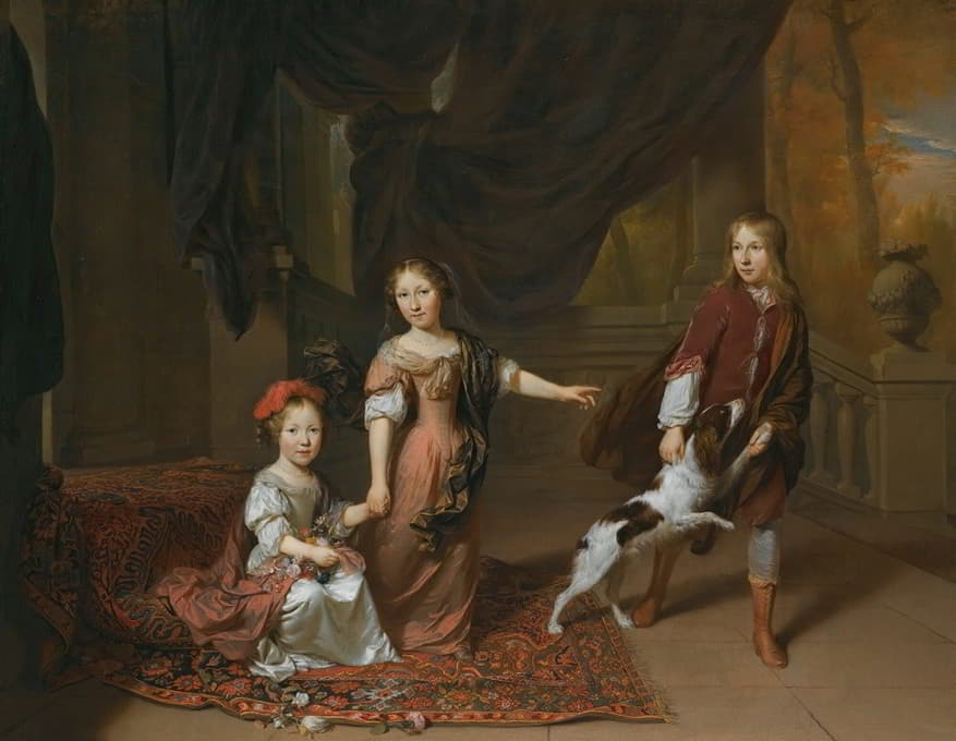 Jan Verkolje - A Portrait Of Two Sisters And Their Brother Playing With A Dog