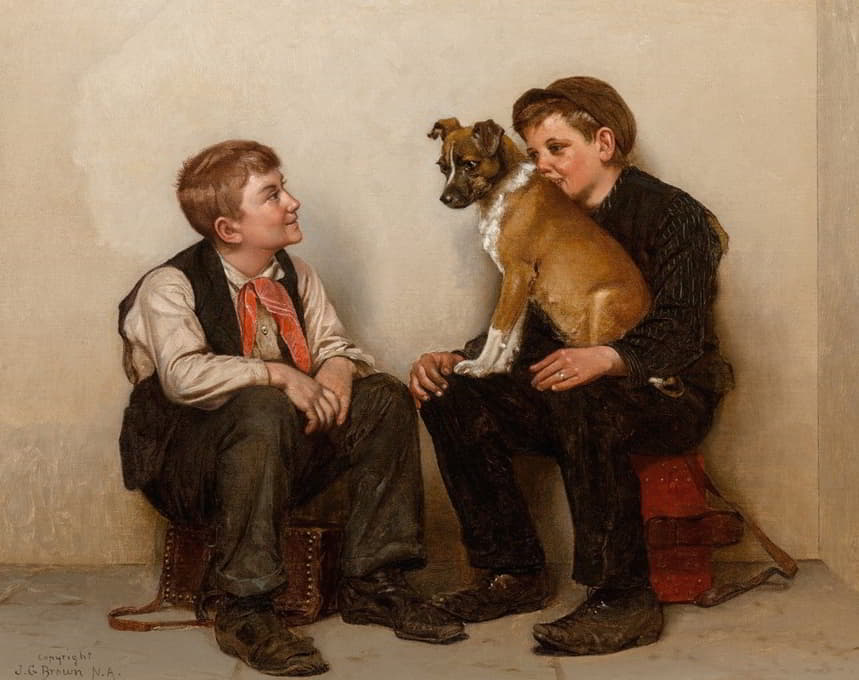 两个擦鞋的男孩和一条狗