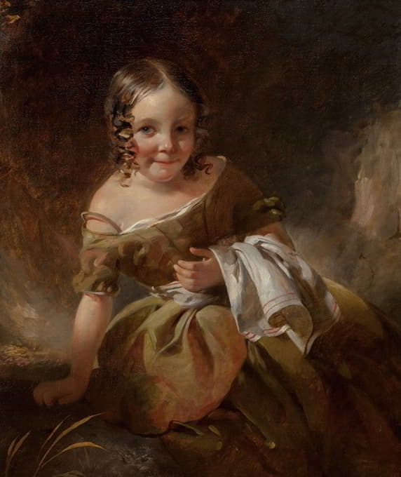 一个留着卷发、身穿橄榄绿连衣裙的年轻女孩的肖像