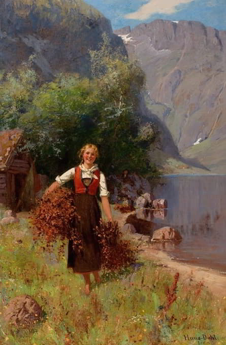 Hans Dahl - Girl in a Fjord Landscape