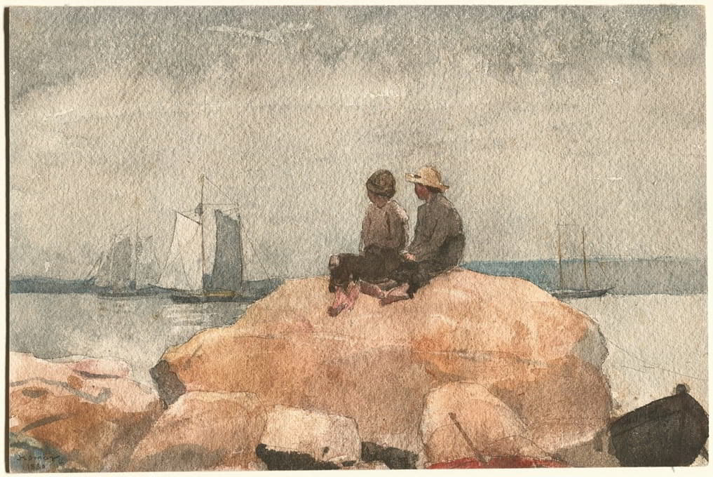 两个男孩在看纵帆船