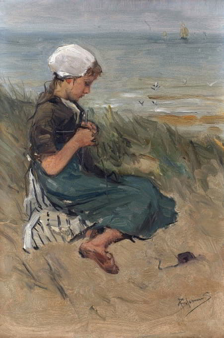 在沙丘上编织的女孩