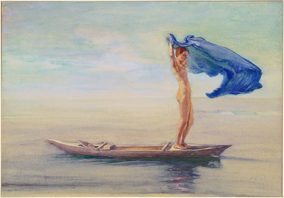 John La Farge - Girl in Bow of Canoe Spreading Out Her Loin-Cloth for a Sail, Samoa
