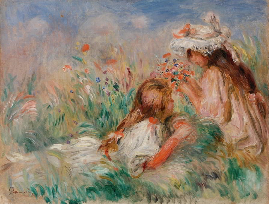 草丛里的女孩们正在编织一束花（小女孩躺在草地上，小女孩正在编织一束花）