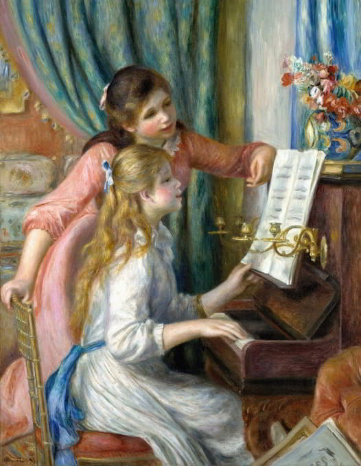 两个年轻女孩在弹钢琴