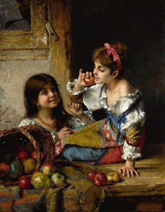 两个女孩拿着苹果和梨