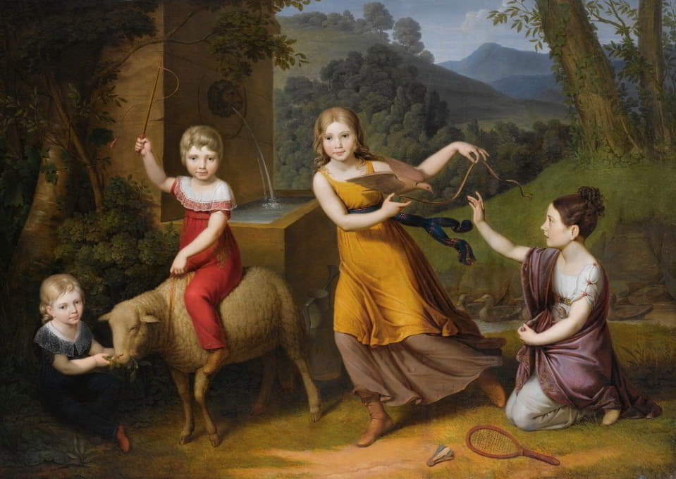 四个孩子的肖像，全长，风景画，一只羊和一只斑鸠
