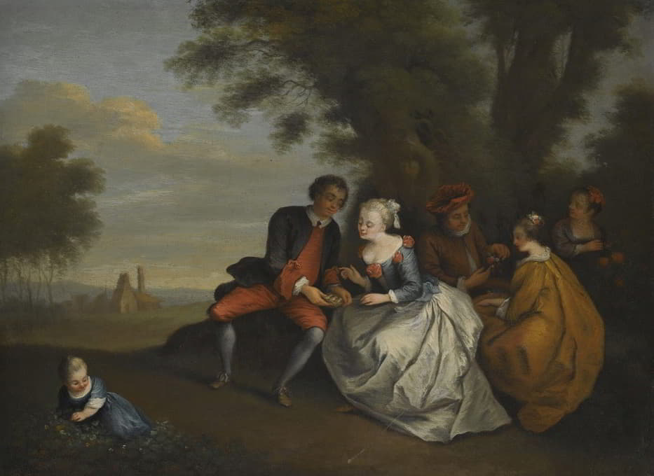 Circle Of Bonaventure De Bar - An Elegant Company Seated Outdoors With A Couple Looking At A Bird’s Nest
