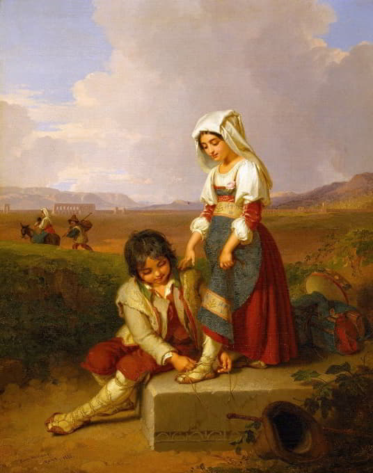 罗马平原上的一个牧童和一个女孩，背景是克劳迪娅水上乐园