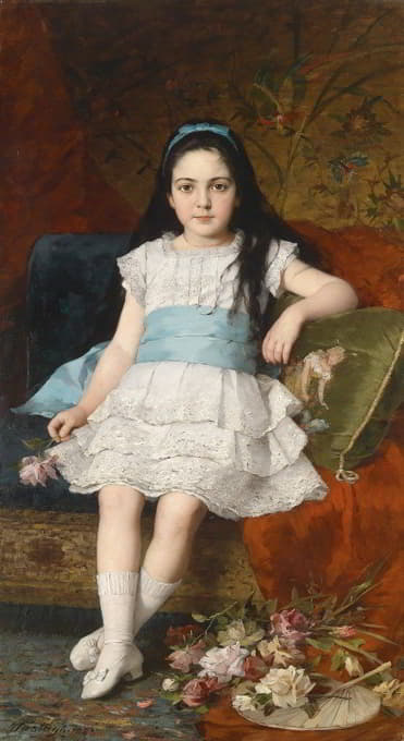 György Vastagh - Portrait of a girl in a white dress with a blue sash