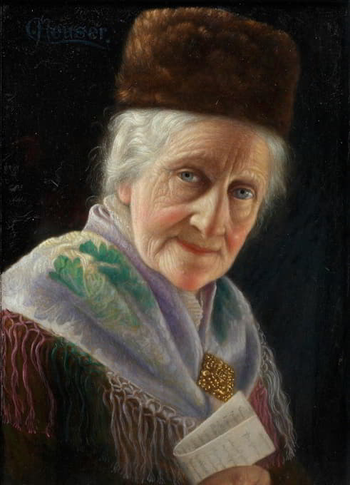 Carl Heuser - Portrait Of An Old Lady With Fur Hat
