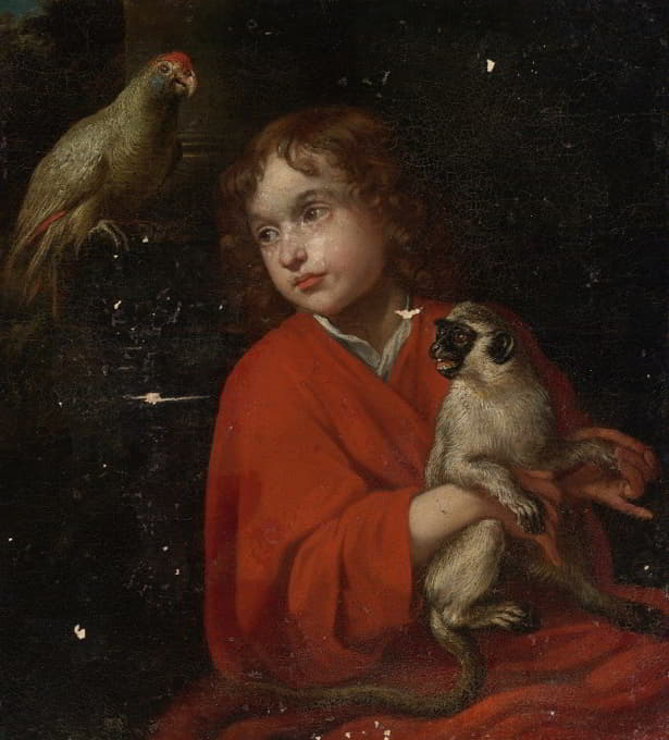 一个男孩拿着一只猴子看鹦鹉