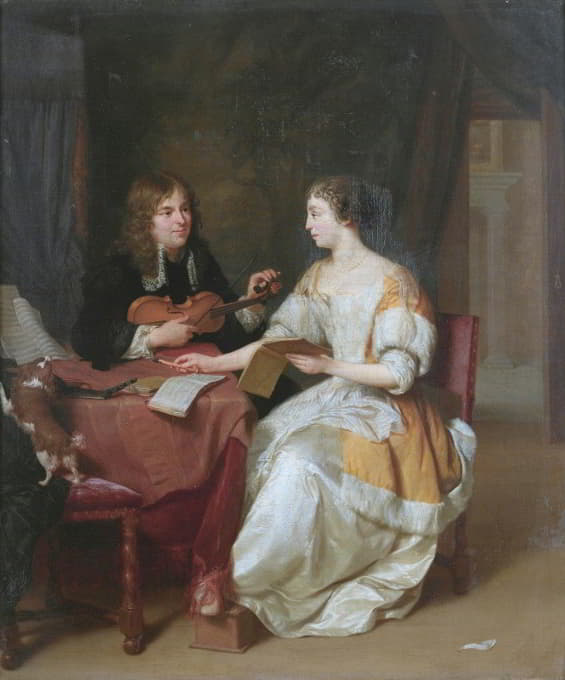 Jan Verkolje - An Elegant Couple Making Music In An Interior
