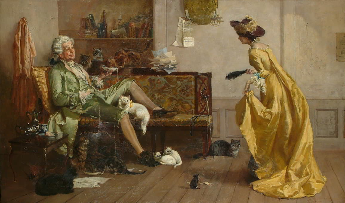 Percy Thomas Macquoid - Peg Woffington Visiting An Eccentric Cat Lover
