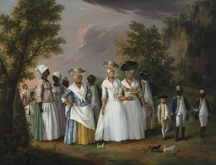 自由的有色人种妇女带着她们的孩子和仆人在一片风景中