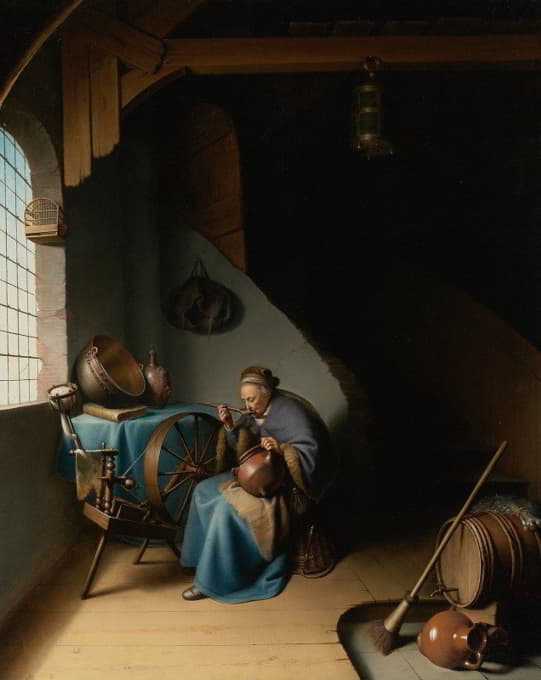 一位老妇人坐在纺车旁的窗户旁，正在吃粥