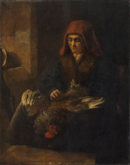 Follower of Rembrandt van Rijn - Old Woman Plucking a Fowl
