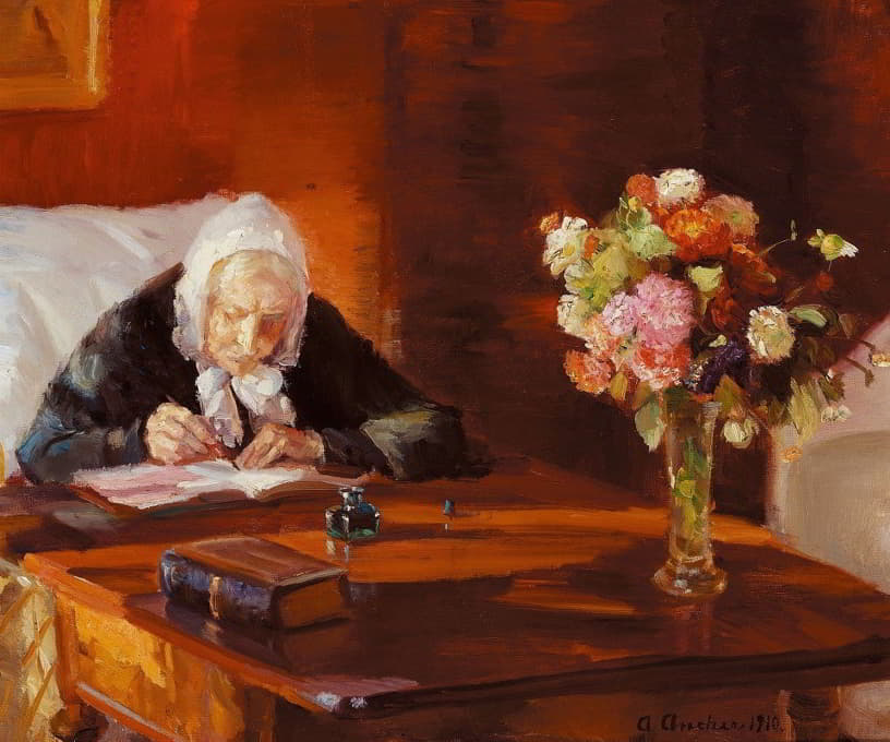 Anna Ancher - Ane Hedvig Brøndum siddende ved sit skrivebord i den røde stue