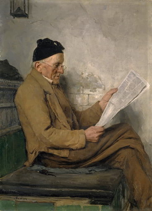 Albert Anker - Farmer Reading on the Stove Bench