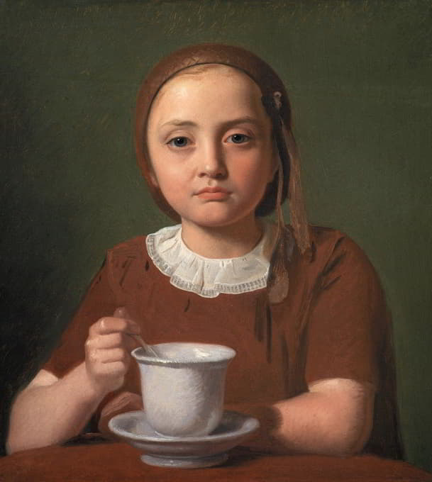 一个小女孩Elise Købke的画像，她面前拿着一个杯子