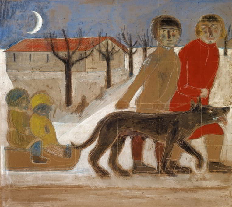 Paul Wilde - Study for a Mural; Children with Sledges