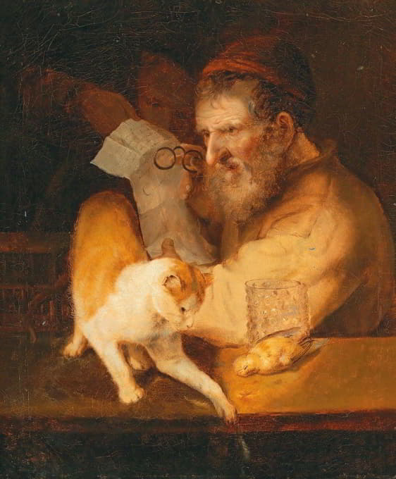 Christoph Paudiss - An Old Man Holding A Letter, With A Cat On A Ledge