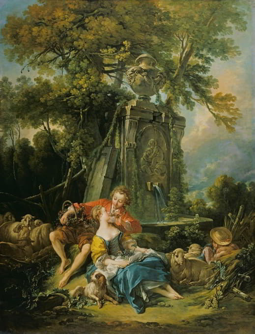 François Boucher - Pastoral with a Couple near a Fountain
