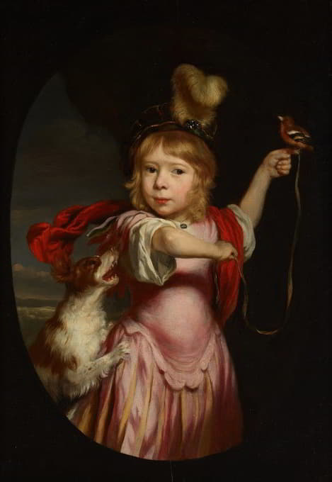 一个穿着古典服装的男孩与一只牛雀和猎犬的肖像