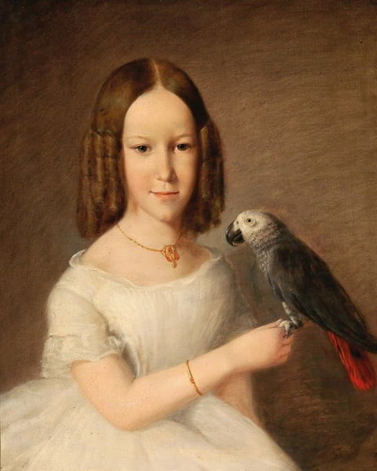 一个戴着灰色鹦鹉的女孩的肖像