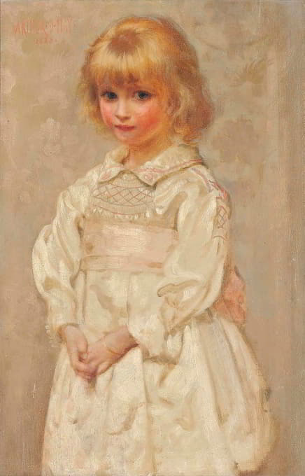 Arthur Dampier May - Portrait Of A Young Girl In A Pink And White Smock Dress